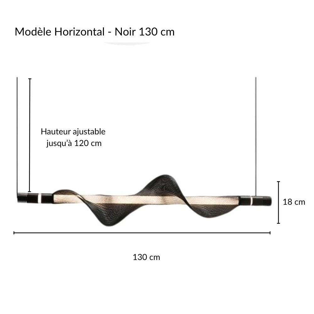 Schéma technique détaillé des longueurs d'une suspension LED horizontale noire.