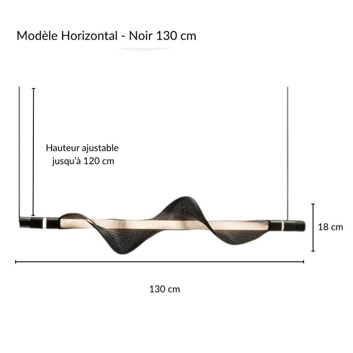 Schéma technique détaillé des longueurs d'une suspension LED horizontale noire.