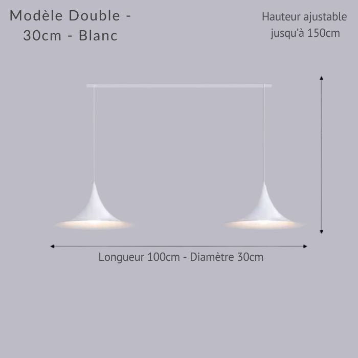 Configuration double blanche en 30 cm, suspension linéaire de 100 cm avec câbles réglables jusqu’à 150 cm.