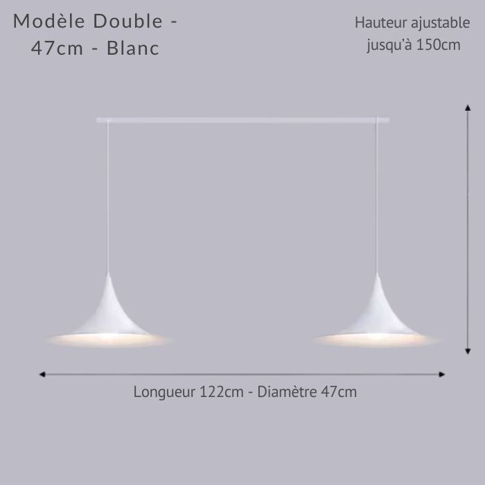 Version double blanche 47 cm, suspension linéaire de 122 cm avec descente ajustable jusqu’à 150 cm.