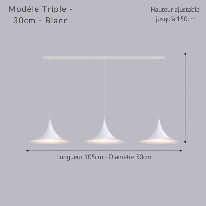 Schéma du modèle triple blanc 30 cm, suspension linéaire de 105 cm à hauteur réglable.