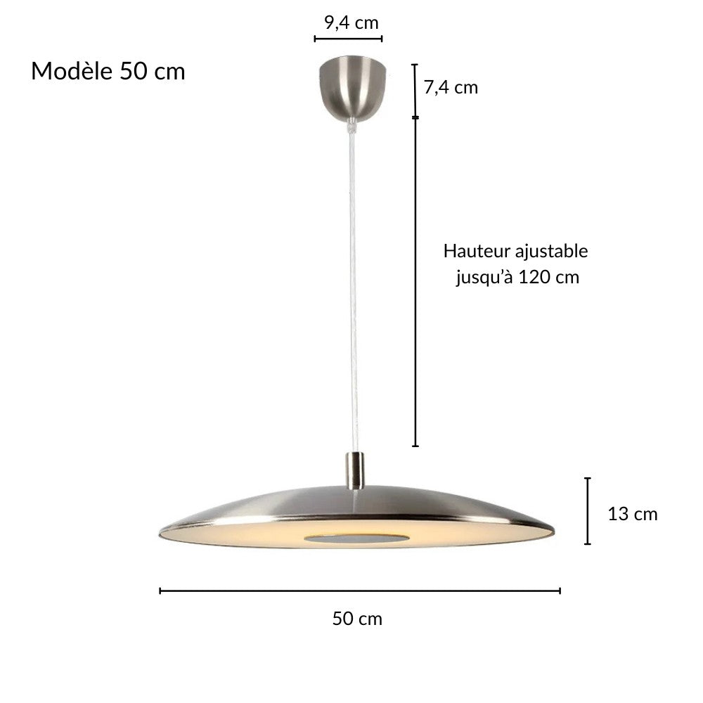 Schéma technique et dimensions de la suspension disque design de forme ronde modèle 50 cm avec hauteur réglable.