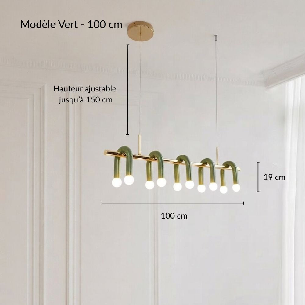 Schéma technique et dimensions de la suspension linéaire vert et doré à arches en version 100 cm sur fond blanc épuré