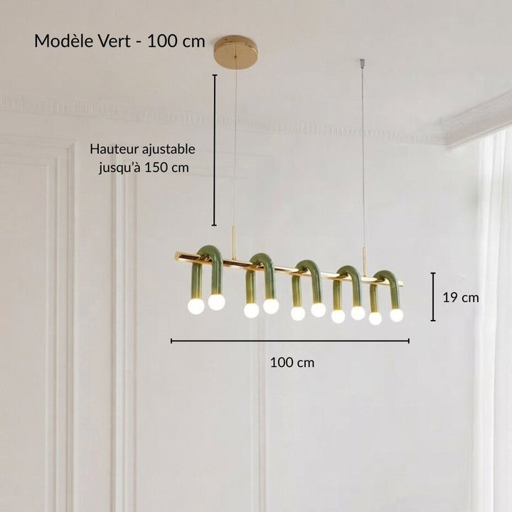 Schéma technique et dimensions de la suspension linéaire vert et doré à arches en version 100 cm sur fond blanc épuré