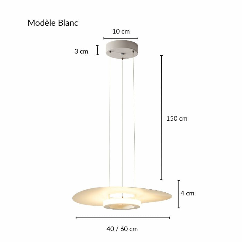 Schéma technique avec dimensions de la suspension disque blanc et de son support LED.