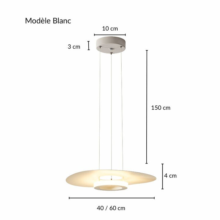 Schéma technique avec dimensions de la suspension disque blanc et de son support LED.