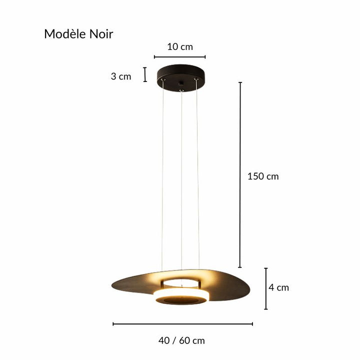 Schéma technique avec dimensions de la suspension disque noir et de son module lumineux.