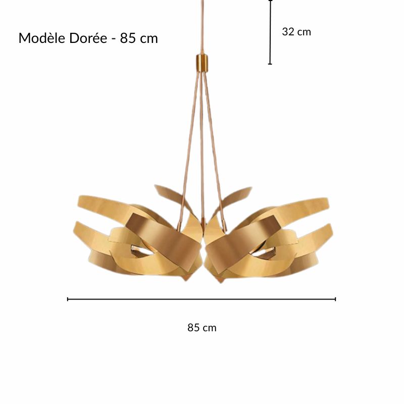 Plan coté et dimensions du modèle de suspension dorée 85 cm à volutes entrelacées.