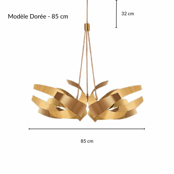 Plan coté et dimensions du modèle de suspension dorée 85 cm à volutes entrelacées.