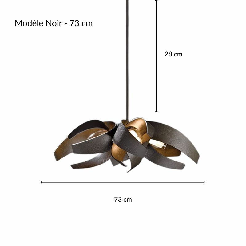 Schéma technique et dimensions du modèle de suspension noire 73 cm en métal.