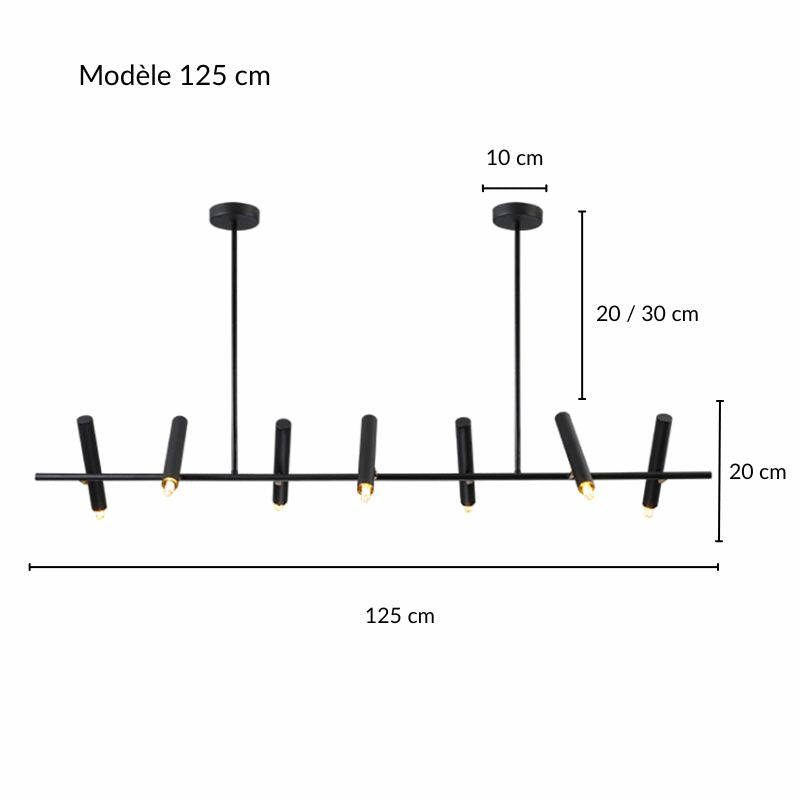 Schéma des dimensions détaillées pour le grand modèle de suspension à cylindres LED.