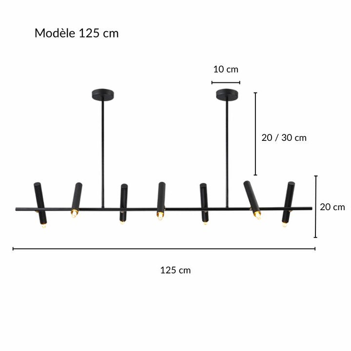 Schéma des dimensions détaillées pour le grand modèle de suspension à cylindres LED.