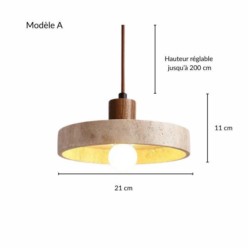 Plan technique avec cotes et dimensions du premier modèle de la suspension en travertin et bois foncé.