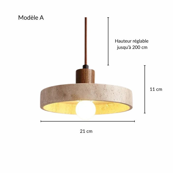 Plan technique avec cotes et dimensions du premier modèle de la suspension en travertin et bois foncé.