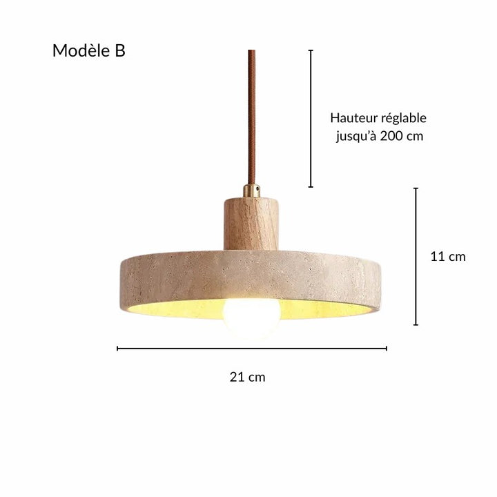 Plan technique détaillant les dimensions du second modèle de la suspension lumineuse en travertin et bois clair.