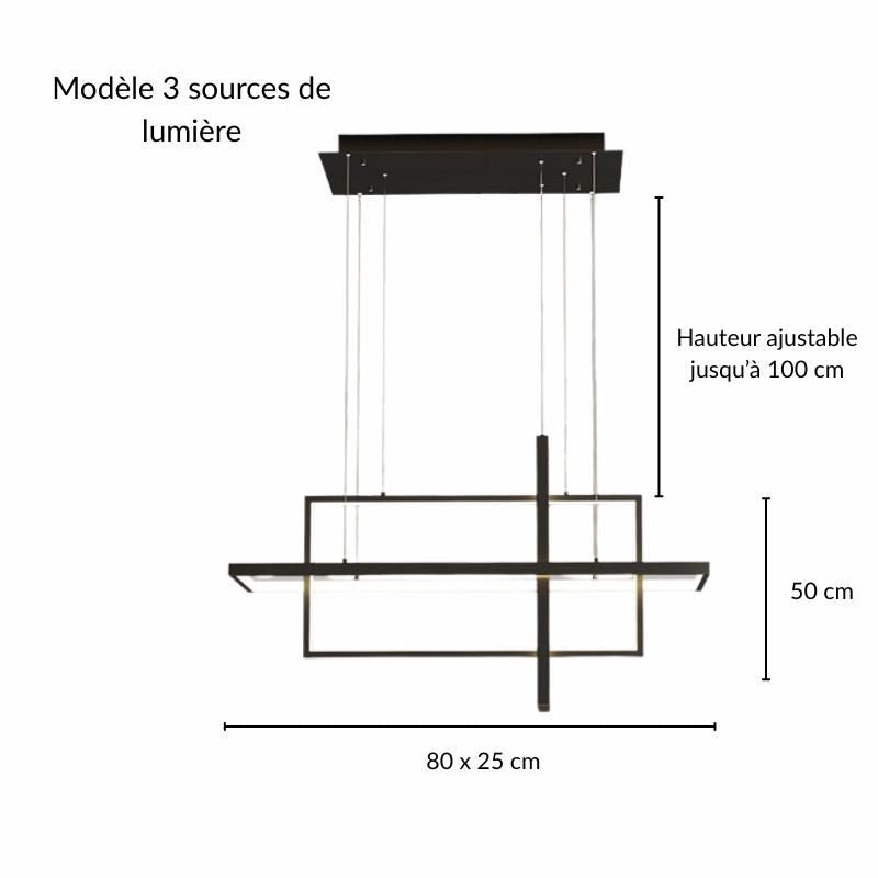 Schéma technique avec les mesures et spécifications du modèle à 3 sources de lumière suspendues.