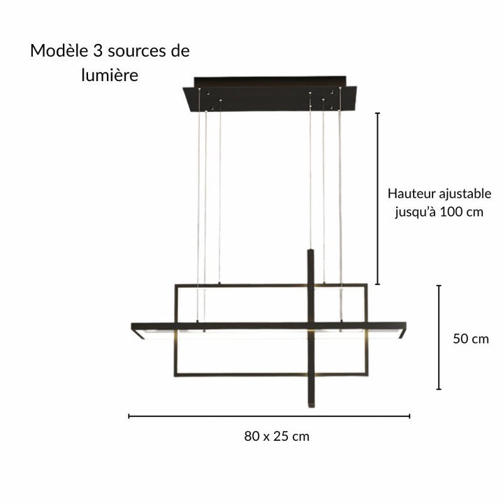 Schéma technique avec les mesures et spécifications du modèle à 3 sources de lumière suspendues.