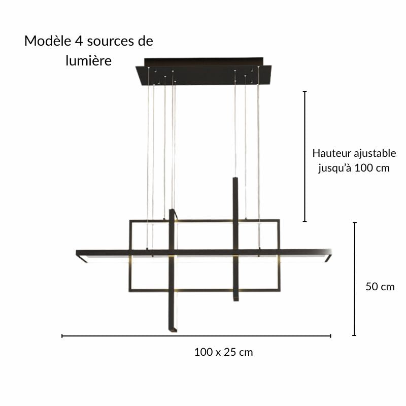 Schéma technique et dimensions du modèle à 4 sources lumineuses pour la suspension barre architecturale.