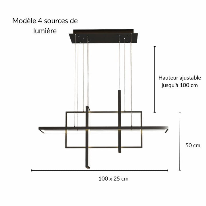 Schéma technique et dimensions du modèle à 4 sources lumineuses pour la suspension barre architecturale.