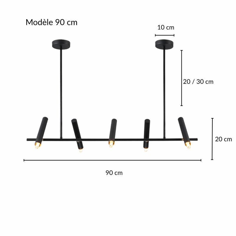 Schéma technique avec dimensions et mesures du modèle de suspension à cylindres LED.