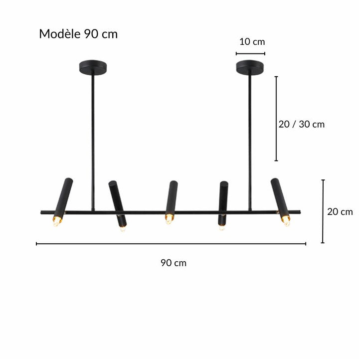 Schéma technique avec dimensions et mesures du modèle de suspension à cylindres LED.