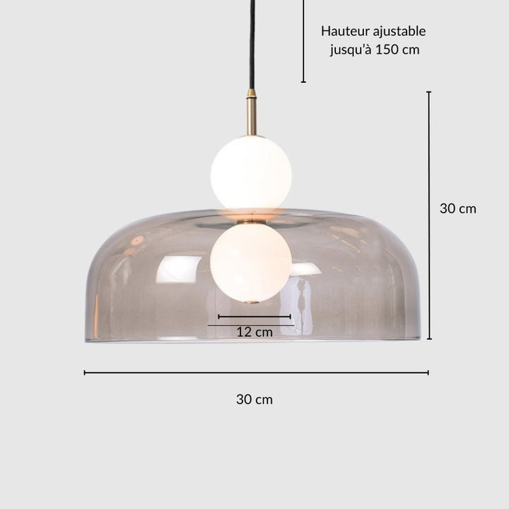 Schéma technique et dimensions de la suspension dôme en verre et ses globes opalins.