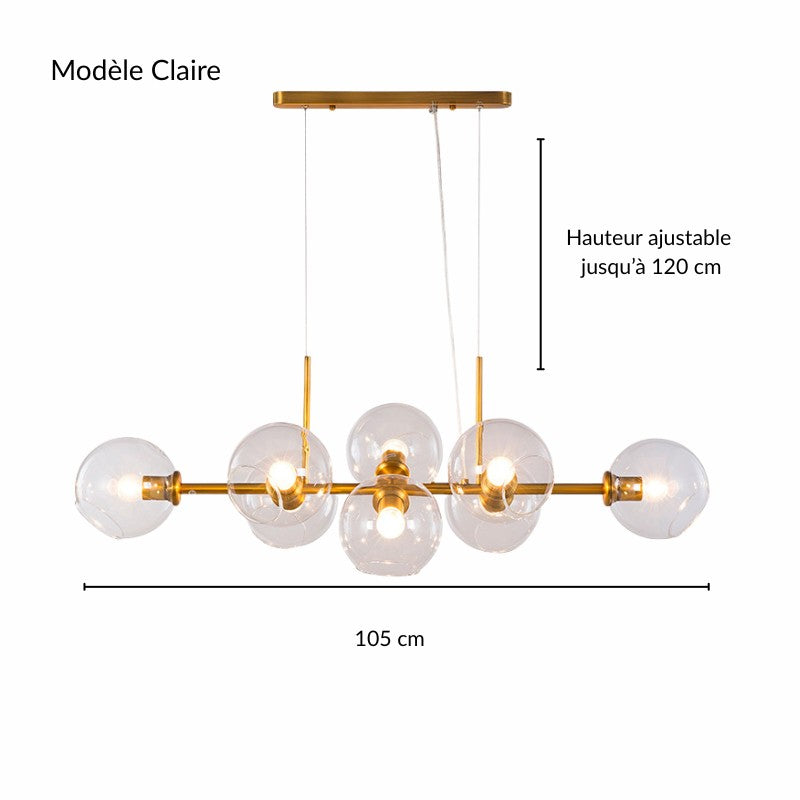 Schéma technique et dimensions de la suspension lumineuse multi-globes en laiton.