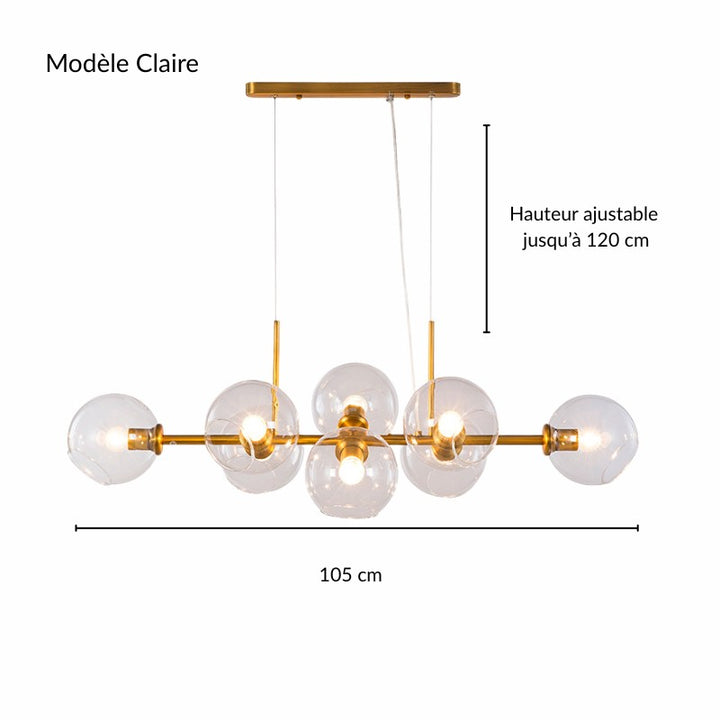 Schéma technique et dimensions de la suspension lumineuse multi-globes en laiton.
