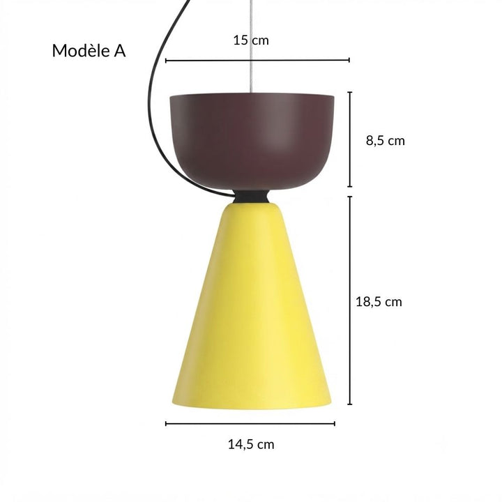 Schéma technique et dimensions du modèle A de la suspension bauhaus géométrique marron et jaune en métal.