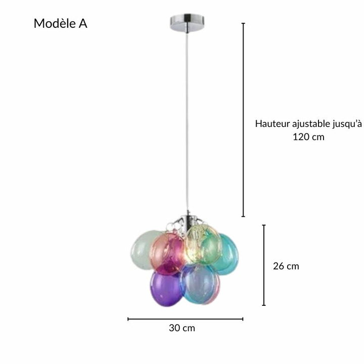 Vue technique et dimensions du modèle compact A de la suspension en verre translucide.