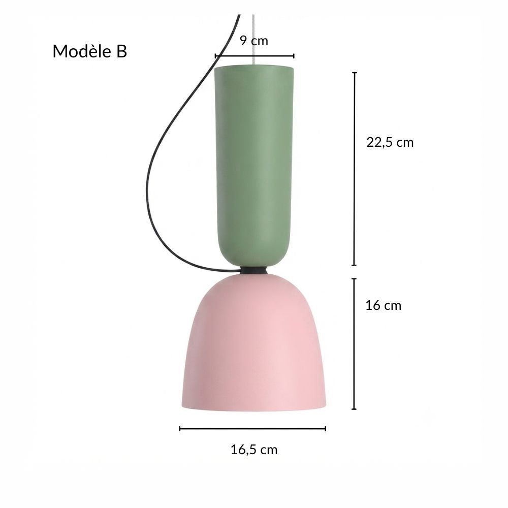 Fiche technique avec dimensions du modèle B de la suspension cylindrique verte et rose en métal