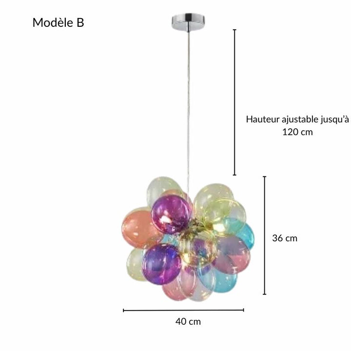 Schéma des mesures pour la suspension ronde Modèle B habillée de globes en verre coloré.