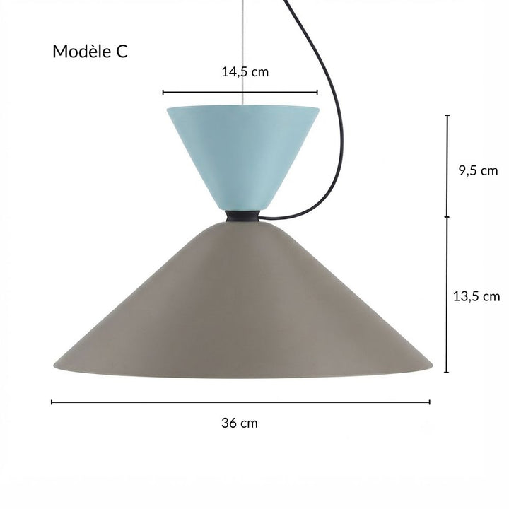 Plan coté et dimensions du modèle C de la suspension bauhaus conique grise et bleu en métal coloré