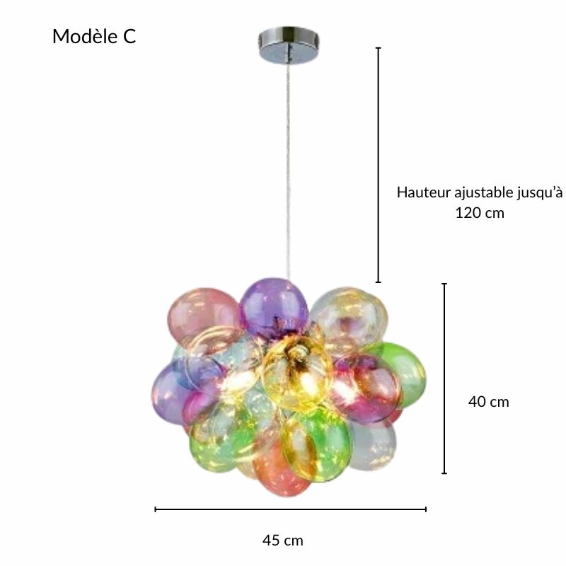 Schéma technique aux dimensions précises pour la suspension Modèle C en verre coloré translucide.