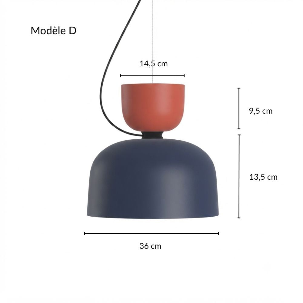 Schéma des dimensions de la grande suspension conique modèle D en métal coloré bleu et rouge