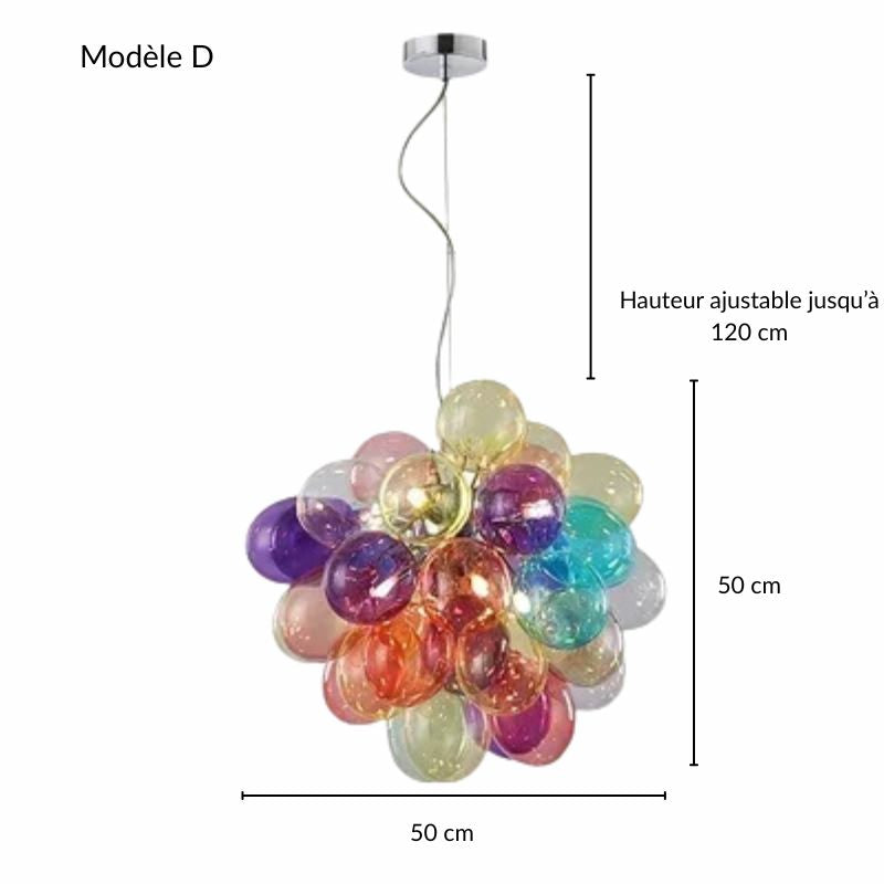 Plan coté et dimensions détaillées de la suspension Modèle D à sphères de verre translucide.