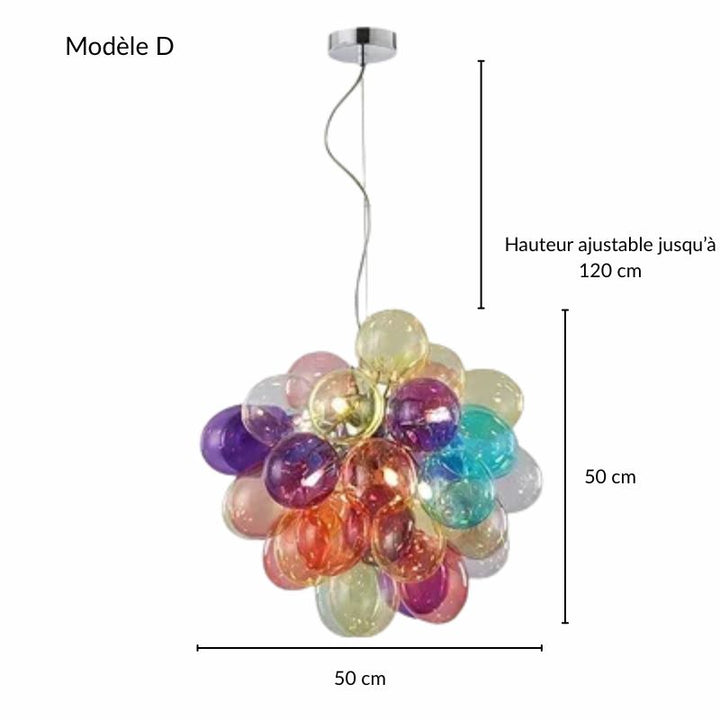 Plan coté et dimensions détaillées de la suspension Modèle D à sphères de verre translucide.
