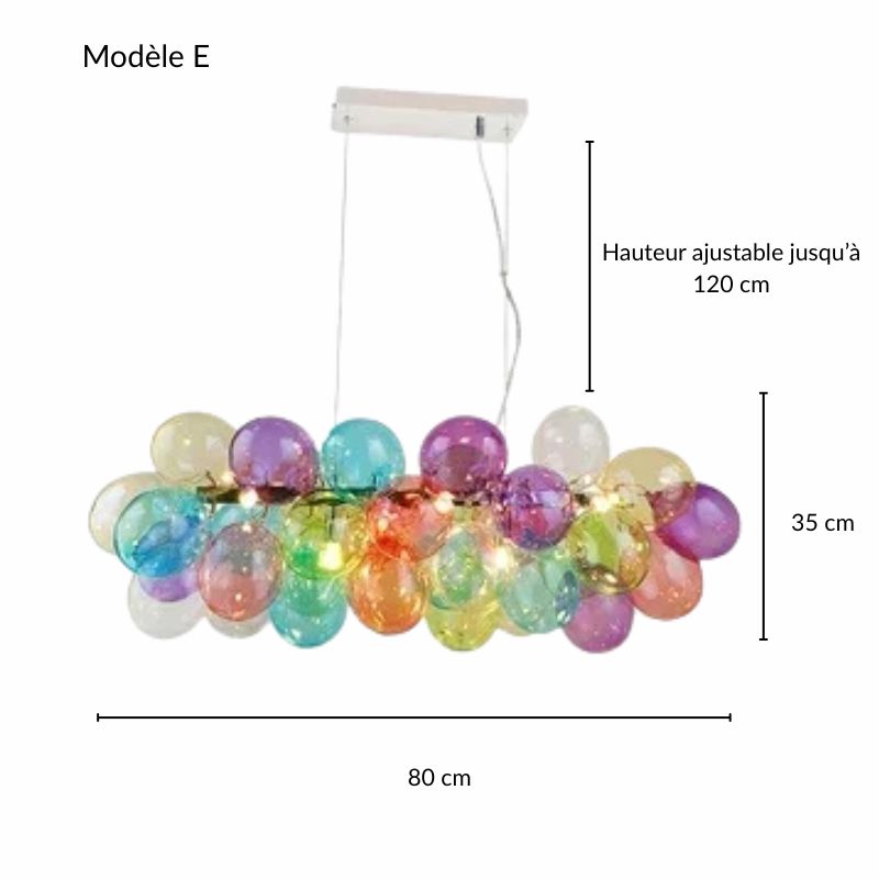 Fiche technique de la suspension horizontale Modèle E composée de globes en verre multicolore.