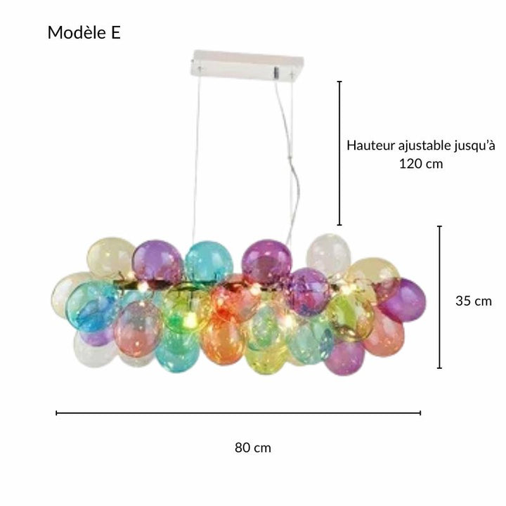 Fiche technique de la suspension horizontale Modèle E composée de globes en verre multicolore.
