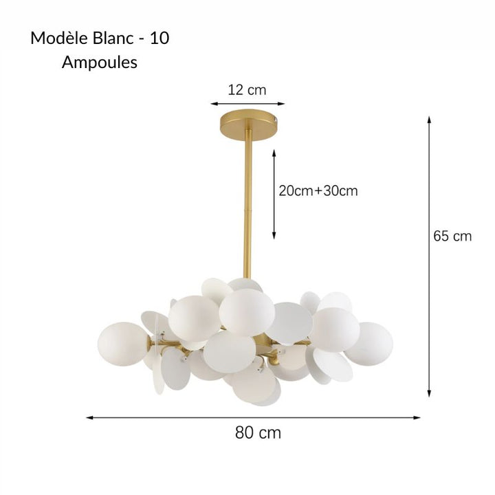 Fiche des dimensions de la suspension blanche à 10 ampoules et globes de verre opalin, envergure 80 cm