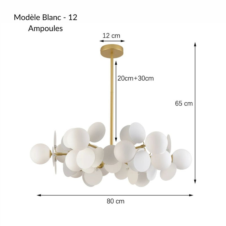 Plan technique du lustre blanc mat à 12 têtes opales et structure dorée de 80 cm