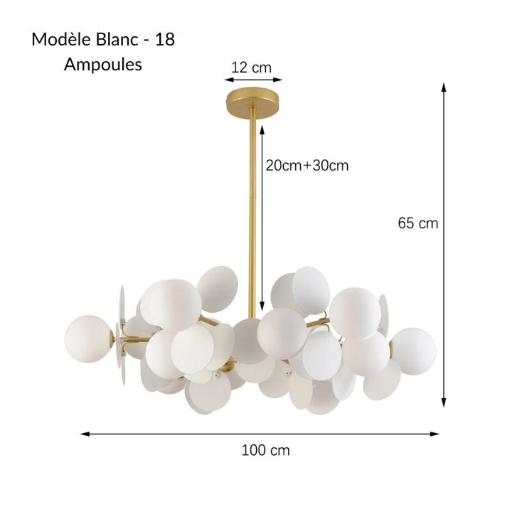 Schéma technique de la suspension blanche opaline à 18 ampoules, largeur 100 cm