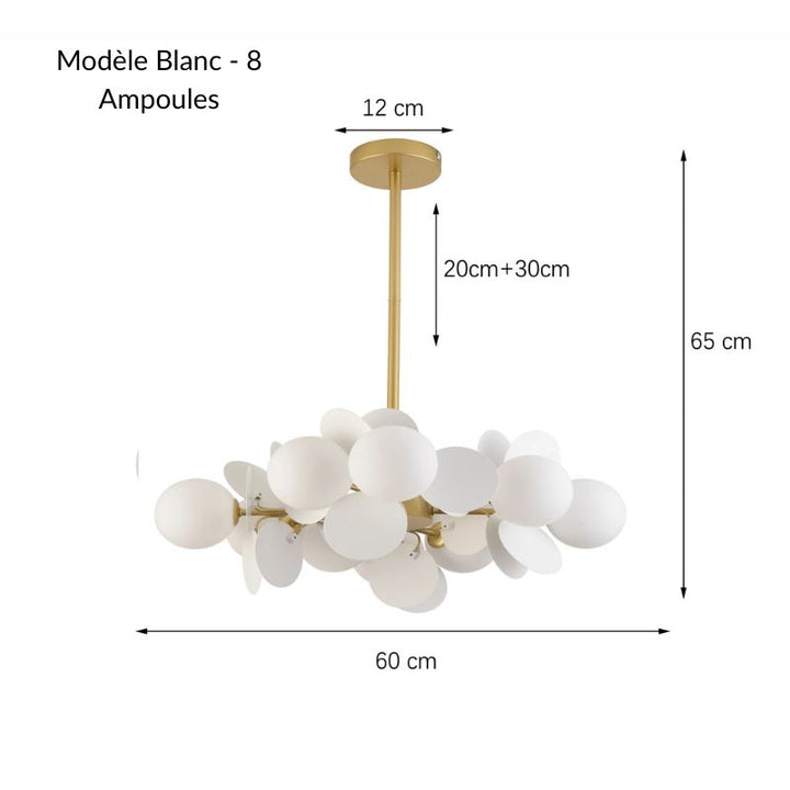 Schéma technique de la suspension blanche opaline à 8 ampoules, diamètre 60 cm et structure dorée