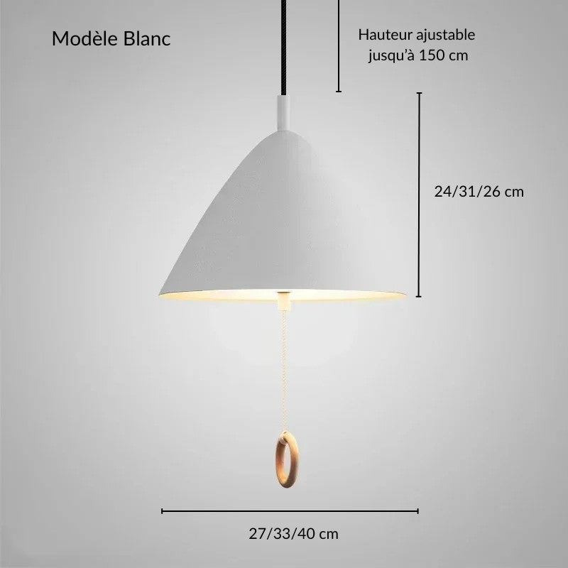Schéma technique avec dimensions de la suspension LED blanche style danois.
