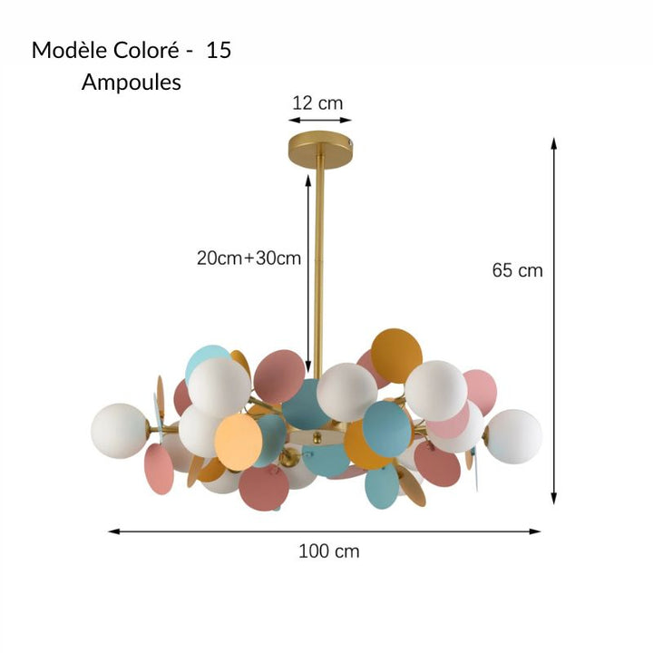 Schéma technique des dimensions pour la suspension colorée dotée de 15 ampoules