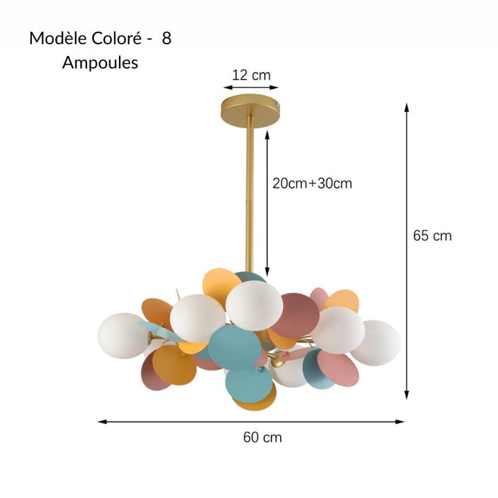 Plan coté du lustre coloré à 8 têtes lumineuses et disques pastel, format 60 cm