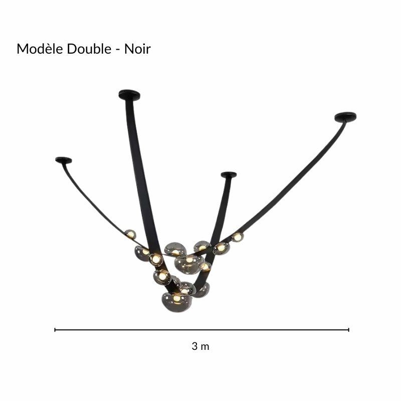 Schéma technique et dimensions de la suspension design en cuir noir avec ses sphères lumineuses.