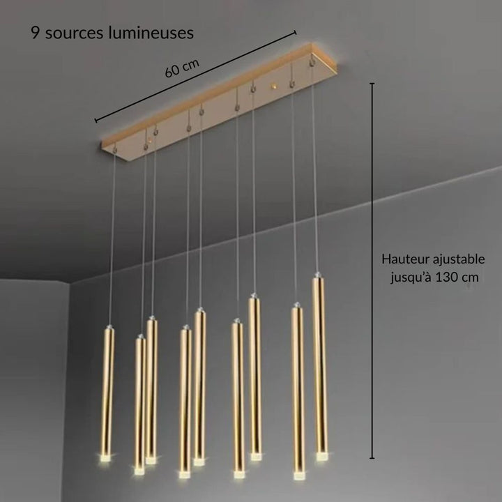 Schéma technique de la suspension dorée mettant en valeur la disposition des tubes lumineux.