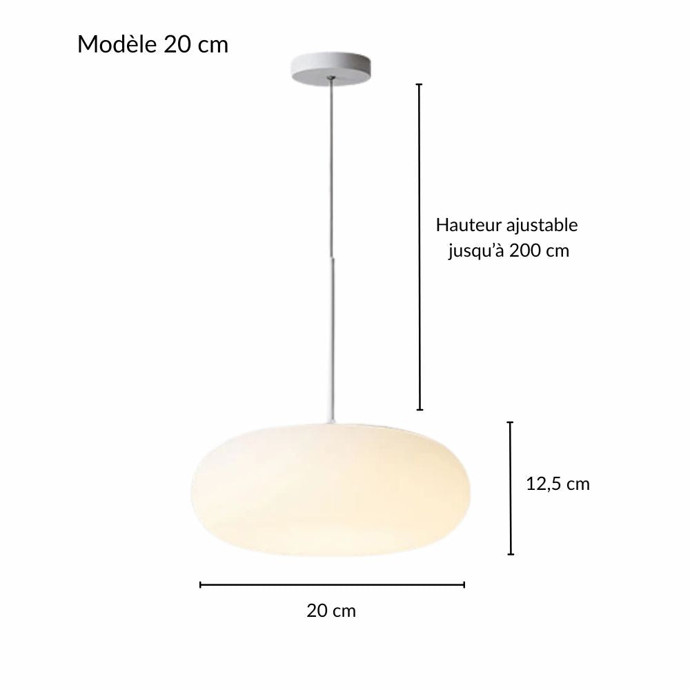 Schéma coté et dimensions du petit modèle de suspension galet en verre opalin.