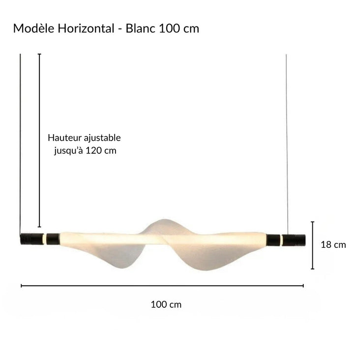 Plan coté avec dimensions d'une suspension LED horizontale au design ondulé blanc.